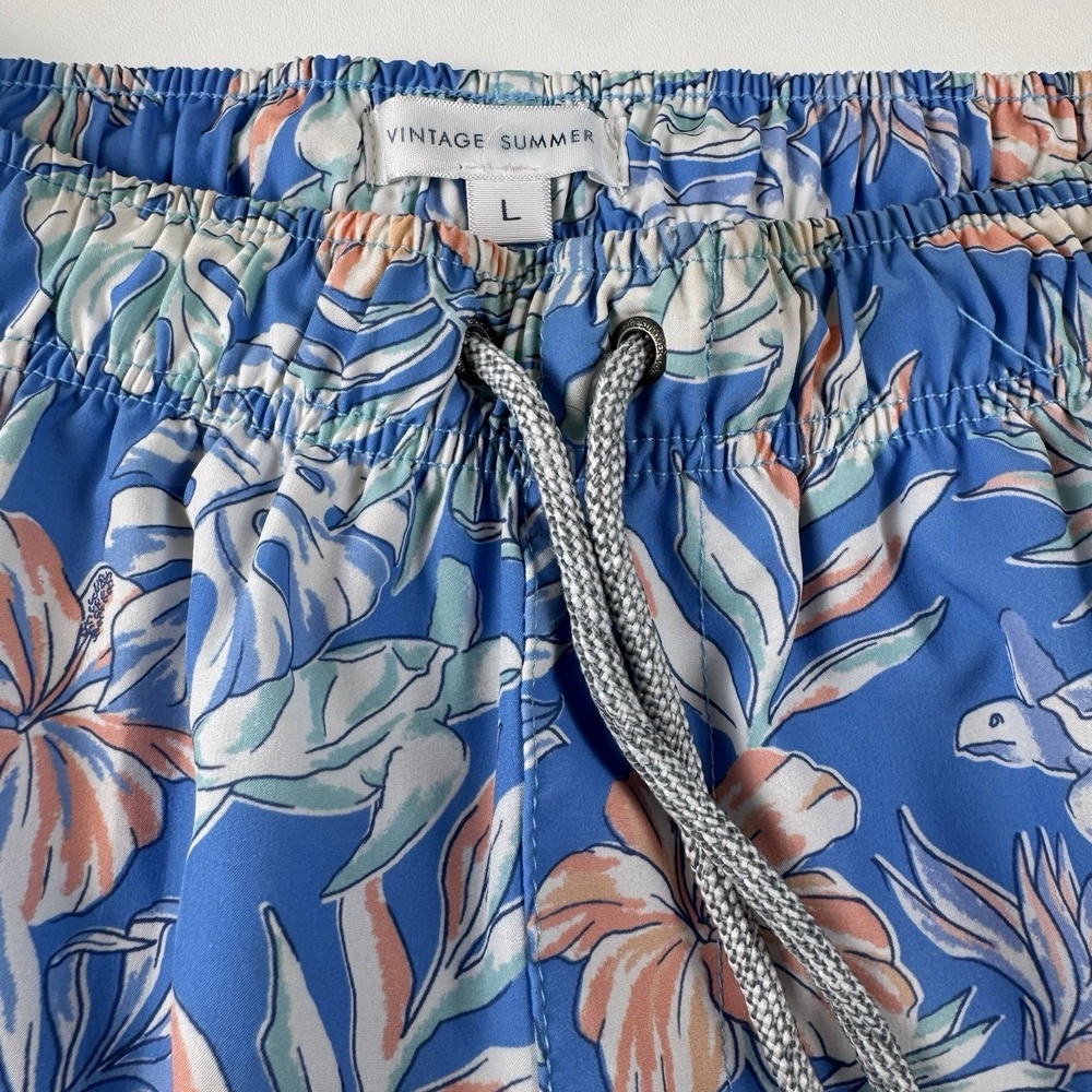 Vintage Summer Men Blue Tropical Sea Turtle Hibiscus Swim Trunks Large 6" inseam